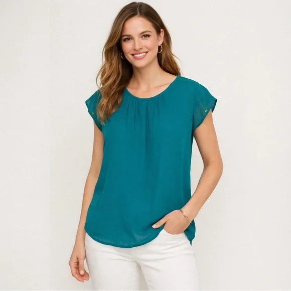 LOFT Teal Sheer Cap Sleeve Blouse | Gathered Neckline | MP - Picture 1 of 4